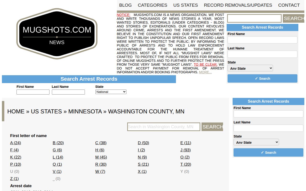 Washington County mugshot record third-party interface